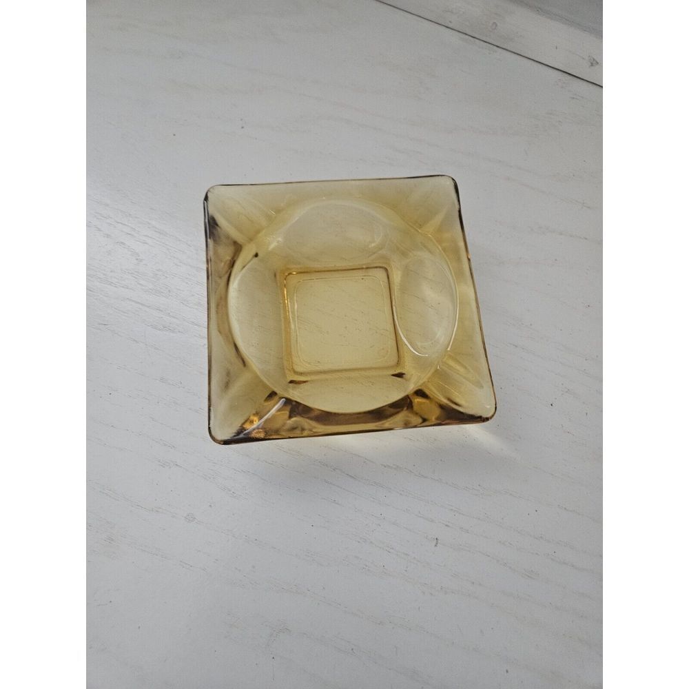 Vintage Yellow Amber‎ Glass Cigar Ashtray Square Mid Century Modern